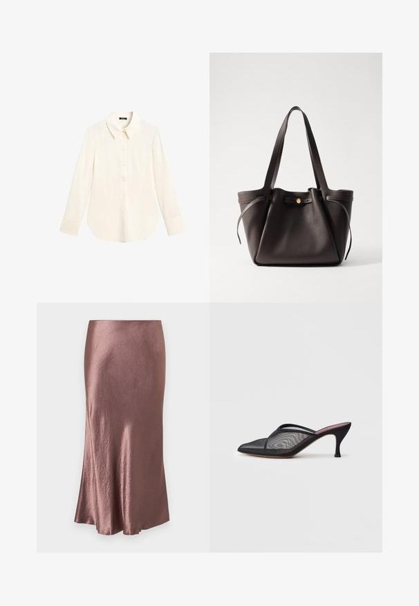 Long-sleeve, ivory blouse with a point collar, front button closure, and a slightly curved hem. Made from smooth, lightweight fabric.; Satin midi skirt in a mauve color, smooth texture, slightly flared hem, with a simple design and no visible fastenings or embellishments.; Black mesh mule with pointed toe, thin straps, and 3-inch stiletto heel. Features sheer texture and a solid tonal sole.; Dark brown leather tote bag with two sturdy handles, a cinched top, and a gold-tone button closure. Textured surface with minimal accents.