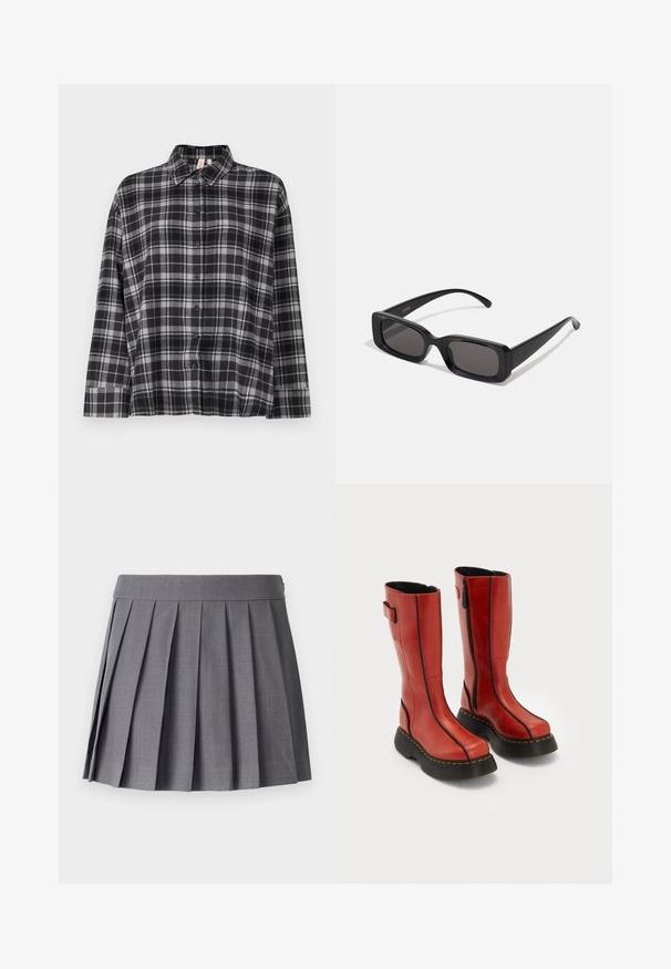 Schwarz und grau kariertes Hemd mit Knopfverschluss, Kragen, langen Ärmeln und lockerer Passform. Der Stoff scheint weich mit einer leichten Textur zu sein.; SOMETHINGNEW SNMEGAN MINI - Faltenrock - harbor mist; Hohe rote Lederstiefel mit schwarzen dicken Sohlen, seitlichen Reißverschlüssen und detaillierten schwarzen Nähten, nebeneinander stehend auf einem weißen Hintergrund.; Schwarze rechteckige Sonnenbrille mit dunklen Gläsern, glänzender Oberfläche, breiten Bügeln und einem klobigen Rahmen-Design. Gravierter Markenname auf einem Bügel.