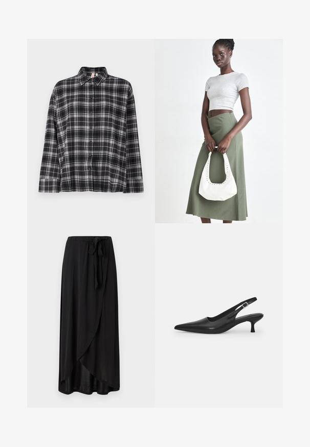 Musta ja harmaa ruudullinen kauluspaita, jossa on pitkät hihat ja rento istuvuus. Kangas näyttää pehmeältä ja siinä on pieni tekstuuri.; Mustapaita maxi-hame, joka on valmistettu kevyestä kankaasta, sisältää kietaisusuunnittelun, säädettävän vyötärönauhan ja virtaavan siluetin, jossa on pyöristetty helma.; Mustan nahkainen slingback-kengät, joissa on terävä nenä ja kapea, kaareva korko. Varustettu huomaamattomalla säädettävällä hihnalla, jossa on metallinen solki.; Harmaa ribbattu crop-top ja oliivinvihreä korkeavyötäröinen hame. Malli pitää valkoista olkalaukkua, jossa on leikattu yksityiskohtia. Yksinkertainen muotoilu, vartalonmyötäinen siluetti.