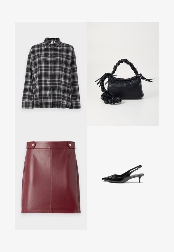 Chemise à carreaux noire et grise avec col, manches longues et coupe décontractée. Le tissu semble doux avec une légère texture.; Jupe mini en cuir bordeaux avec une texture lisse, présentant un design ajusté, des panneaux latéraux et deux boutons dorés au niveau de la taille.; Des escarpins en cuir noir à talon slingback, avec un bout pointu, un petit talon kitten et un détail de nœud décoratif à l'avant. Texture lisse sur toute la surface.; Sac à main en simili cuir noir avec une texture crocodile, un dessus resserré et une sangle froncée. A l'apparence douce et compacte.