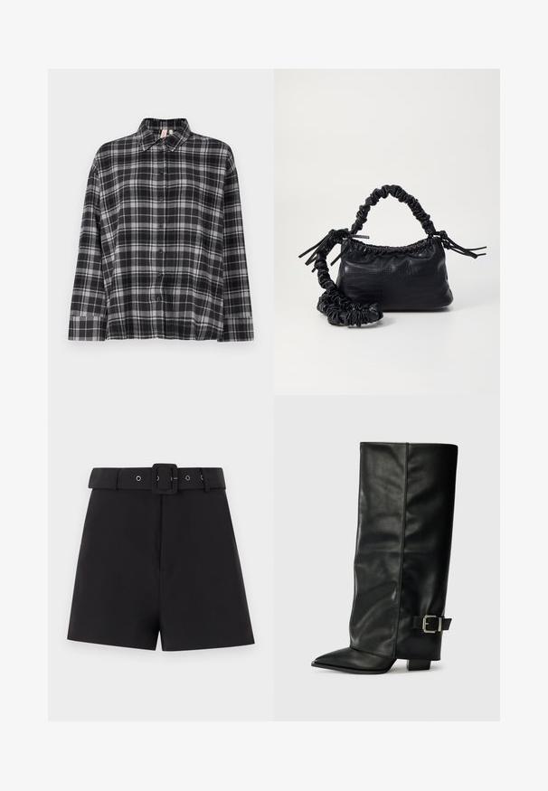 Čierna a sivá kockovaná košeľa na gombíky s golierom, dlhými rukávmi a voľným strihom. Tkanina vyzerá mäkko a má jemnú textúru.; Čierne šortky vyrobené z hladkej tkaniny, ktoré majú široký pás s okami na opasok a uzatváranie so štvorcovou prackou, navrhnuté s priliehajúcim strihom.; Čierne kožené členkové topánky s špicatou špičkou, hladkou textúrou a striebornou prackou na boku. Masívny štvorcový podpätok.; Čierna umelá kožená kabelka s kroko vzorom, sťahovaným vrchom a zhnutým popruhom. Vyzerá mäkko a kompaktné v dizajne.