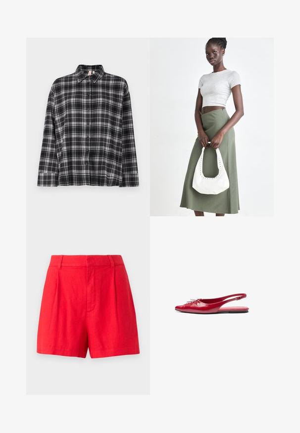 Crna i siva karirana košulja dugih rukava s ovratnikom i opuštenim krojem. Tkanina izgleda meko s blagom teksturom.; Crvene lanene kratke hlače s krojem, koje se ističu nabranim detaljima, glatkom teksturom i pojasom srednje visine.; Crvene kožne cipele s remenom oko pete, ravne, s šiljastim vrhom i dekorativnim vezanjem sprijeda, s uskim remenom oko gležnja i ravnim đonom.; Sivi rebrasti crop top i maslinasto zeleni suknja visokog struka. Model drži bijelu torbu preko ramena s izrezima. Jednostavan dizajn, tijesna silueta.