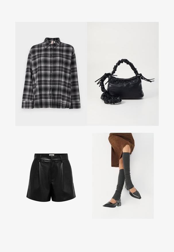 Črna in siva karirana srajca s kratkimi rokavi, ovratnikom in sproščenim krojem. Tkanina se zdi mehka z rahlo teksturo.; Črne visokotlačne hlače iz umetnega usnja z zavihki za pas, sprednjimi gubami in skrito zadrgo, z oznako "ONLY" znotraj pasu.; Črne lakirane čevlje s pointy prsti in blok peto ter z naramnicami za gleženj, ki jih kombiniramo s sivimi rebrastimi nogavicami in rjavim suknjičem iz usnja.; Črna torbica iz umetnega usnja s krokodilovo teksturo, z zvitim vrhom in zmečkano naramico. Zdi se mehka in kompaktna v oblikovanju.