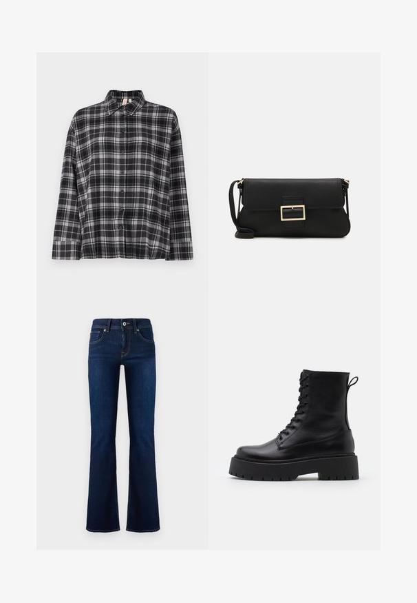 Czarna i szara koszula w kratę z kołnierzykiem, długimi rękawami i luźnym krojem. Tkanina wydaje się miękka z delikatną teksturą.; Ciemnoniebieskie dżinsy typu dzwony z średnim stanem, kieszeniami z przodu i kontrastowym przeszyciem. Posiadają metalowe zapięcie oraz szlufki na pasek.; Czarne skórzane botki za kostkę z okrągłym noskiem, sznurówką z przodu i grubą gumową podeszwą z teksturowanym bieżnikiem. Pętelka do zakładania z tyłu.; Czarna skórzana torebka kopertowa z klapką i detalem w postaci złotej metalowej klamry. Zawiera czarny pasek oraz elegancki, minimalistyczny design.; Złote kolczyki w kształcie cienkich okrągłych obręczy, o gładkim metalicznym wykończeniu, bez zdobień czy wzorów.