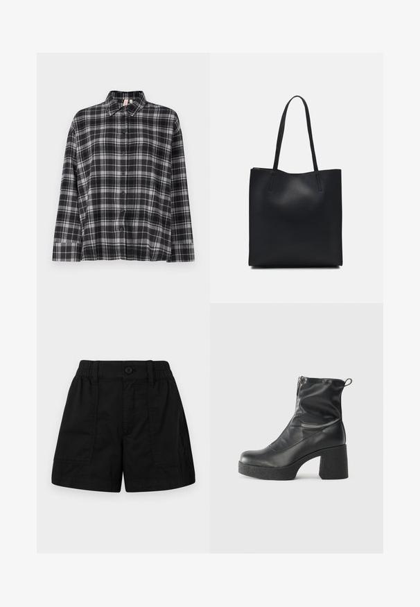 Melnā un pelēkā krāsā raibā krekls ar pogām, apkakli, garām piedurknēm un brīvu piegriezumu. Audums izskatās mīksts ar vieglu tekstūru.; Melni kokvilnas šorti ar elastīgu jostasvietu un pogu aizdari, ar divām frontālām kabatām un taisnu piegriezumu. Gluda tekstūra.; Melni potītes zābaki, kas izgatavoti no gludas ādas, ar sānu rāvējslēdzēju, masīvu strukturētu papēdi un noapaļotu purngalu.; Melnas ādas somiņa ar gludu tekstūru, taisnstūra formu un divām garām rokturiem. Nav redzamu aparatūras vai rotājumu.