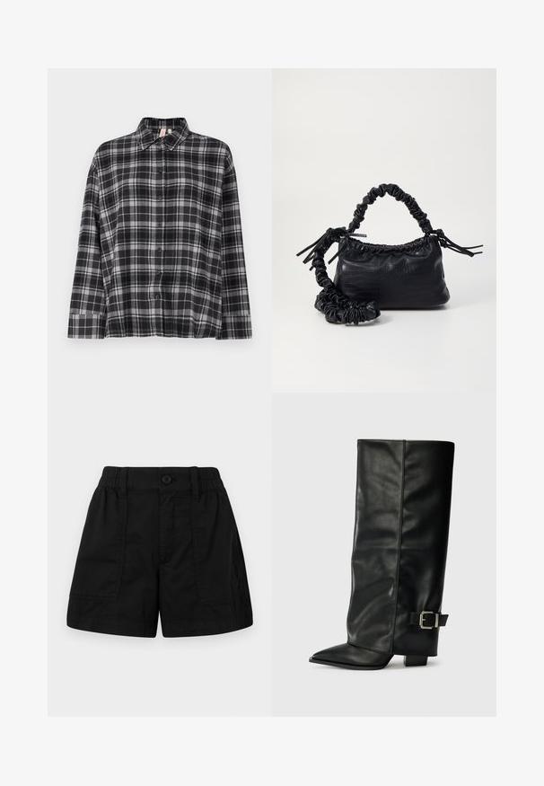 Juodos ir pilkos langeliais marškiniai su apykakle, ilgomis rankovėmis ir laisva danga. Audinys atrodo minkštas su lengva tekstūra.; Juodi medvilniniai šortai su elastinga juosmens juosta ir mygtuko užsegimu, turintys dvi priekinės kišenes ir tiesų kirpimą. Lygi tekstūra.; Juodų odinių kulkšninių batų su smailiu pirštu, lygia tekstūra ir sidabriniu sagties akcentu šone. Masyvūs kvadratiniai kulniukai.; Juodas dirbtinės odos rankinė su krokodilo tekstūra, sušnibždinta viršuje ir susikraipytu dirželiu. Atrodo minkšta ir kompaktiška.