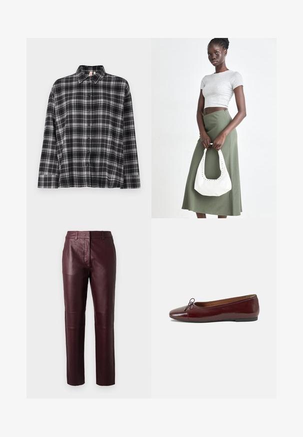 Černá a šedá kostičkovaná košile s límečkem, dlouhými rukávy a volným střihem. Tkanina vypadá měkce s mírnou strukturou.; Burgundské kožené kalhoty s přiléhavým střihem, jemným leskem a hladkou texturou. Mají středně vysoký pas a rovné nohavice.; Burgundské lakové baleríny s kulatou špičkou, malou mašlí vpředu a nízkou černou gumovou podrážkou. Hladký povrch.; Šedý pruhovaný crop top a olivově zelená sukně s vysokým pasem. Modelka drží bílou kabelku přes rameno s výřezovými detaily. Jednoduchý design, přiléhavý silueta.