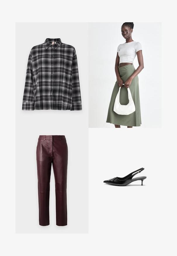 Črna in siva karirana srajca s kratkimi rokavi, ovratnikom in sproščenim krojem. Tkanina se zdi mehka z rahlo teksturo.; Bordo usnjeni hlače s prilegajočim dizajnom, subtilnim sijajem in gladko teksturo. Imajo srednje visok pas in ravne hlačnice.; Črne usnjene slingback pete z izostrenim nosom, majhno mačje peto in okrasno vozličasto podrobnostjo na sprednjem delu. Gladka tekstura po celotni površini.; Sivina rebrasta kratka majica in olivno zelena krila z visokim pasom. Model drži belo torbico za na rame s izrezljanjem. Preprost dizajn, oprijet silhueta.