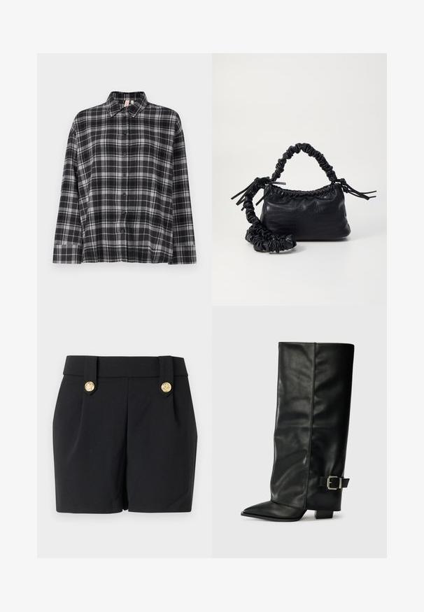 Črna in siva karirana srajca s kratkimi rokavi, ovratnikom in sproščenim krojem. Tkanina se zdi mehka z rahlo teksturo.; Črne kratke hlače s prilagojeno zasnovo, opremljene z dekorativnimi gumbi v zlatem tonu in gladko teksturo. Brez žepov ali vidnih šivov.; Črne usnjene gležnjarje do gležnjev z ostrim nosom, gladko teksturo in srebrnim sponko akcentom na strani. Debel kvadratni peti.; Črna torbica iz umetnega usnja s krokodilovo teksturo, z zvitim vrhom in zmečkano naramico. Zdi se mehka in kompaktna v oblikovanju.