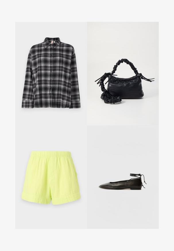 Cămașă cu carouri negre și gri, cu guler, mâneci lungi și croială lejeră. Materialul pare moale, cu o textură ușoară.; Shorts verde lime fabricate dintr-un material ușor, texturat, cu o talie elastică și o singură buzunar pe lateral. Fără închideri vizibile.; Balerini din piele neagră, cu vârf ascuțit, șnur pentru glezna și talpă plată, având o textură netedă și un design minimalist.; Geantă din faux leather neagră cu textură de crocodil, cu partea superioară strânsă și o curea mototolită. Pare moale și compactă ca design.