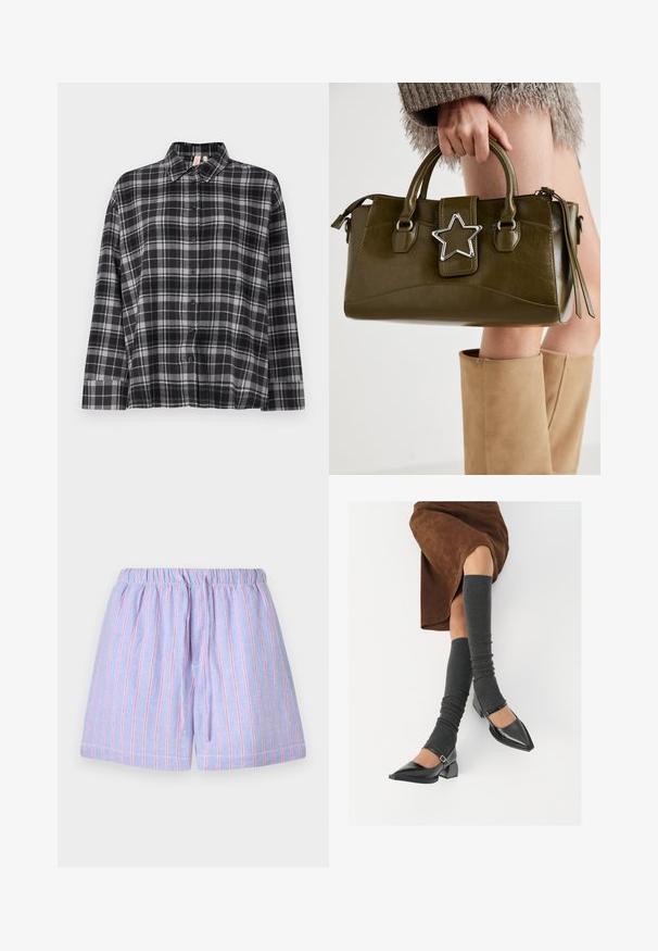 Chemise à carreaux noire et grise avec col, manches longues et coupe décontractée. Le tissu semble doux avec une légère texture.; Shorts violet clair avec des rayures verticales roses, dotés d'une taille élastique et d'un cordon de serrage. Fabriqués en tissu doux avec une coupe décontractée.; Chaussures à bout pointu en cuir verni noir avec un talon bloc et une bride à la cheville, accompagnées de jambières en maille grise et d'une jupe en daim marron.; Sac à main en simili cuir vert olive avec accent étoilé argenté, deux poignées et fermeture éclair. Surface texturée et forme structurée.