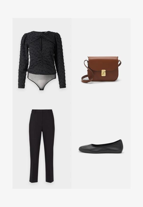 Hofmann Copenhagen EXCLUSIVE ALEXANDRA - Bluză - black; Pantaloni negri, croiți, cu un design drept, realizati dintr-un material finisat, având bucle pentru curea și fără buzunare vizibile sau embellissements.; Balerini din piele neagră, cu vârf rotund, textură netedă, detalii de cusătură minimale și un design al tălpii flexibil.; Geantă de piele maro cu închidere tip capac, accesorii de culoare aurie, curea de umăr și o textură netedă. Formă compactă și rectangulară.