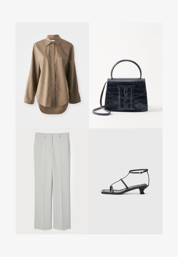 Bruine langwerpige overhemd met lange mouwen, gemaakt van gladde stof, met een puntkraag, knoopsluiting aan de voorkant en een ronde zoom aan de achterkant.; Lichtgrijze op maat gemaakte broek met een vlakke voorkant, rechte pijpen en zijzakken. Gemaakt van een soepele stof met een strak, minimalistisch ontwerp.; Zwarte leren sandaal met een vierkante neus, dunne banden, een verstelbare enkelriem en een lage hak. Heeft een kleine gouden accent op de band.; Zwarte handtas van krokodillleer met een gestructureerd ontwerp, bovenhandvat, verstelbare schouderband en een opvallend voorlogo.