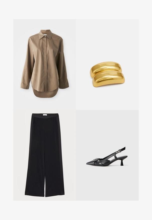 Cămașă lungă maro cu mâneci lungi, dintr-un material neted, având un guler ascuțit, închidere cu nasturi în față și un tiv rotund în partea din spate.; Pantaloni negri cu picioare largi, confecționați dintr-un material neted, cu un talie plată, pliuri și buzunare laterale. Linii curate, cu detalii minime.; Pantofii slingback din piele neagră, cu vârful ascuțit, curele decorative cu ochiuri din metal și toc bloc mic. Suprafață texturată.; Agățătoare pentru păr din metal de culoare aurie cu un design neted și rotunjit. Suprafața este reflectorizantă, având o formă curbată și unită, fără alte ornamente.