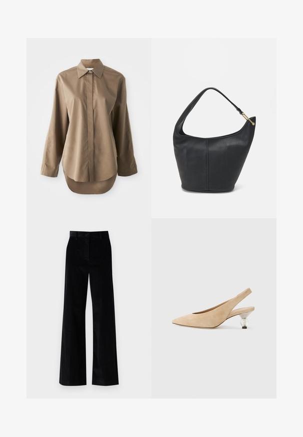 Barna hosszú ujjú ing sima anyagból, hegyes gallérral, elöl gombos záródással és hátul lekerekített heméllyel.; WEEKEND MaxMara TANIA - Nadrágok - nero; Beige bőrből készült slingback cipő hegyes orral és átlátszó, kerek sarokkal. Simás textúra és minimalista forma.; Fekete bőrtáska kerekded formával, széles pánttal és texturált felülettel. Finom varrási részletekkel és arany színű fém díszítéssel rendelkezik.