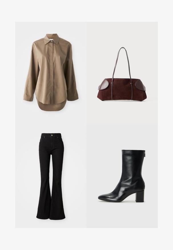 Brown long-sleeve shirt made of smooth fabric, featuring a pointed collar, front button closure, and a rounded hem at the back.; Black flared jeans made of denim, featuring a high waist, button closure, and classic five-pocket design. Smooth texture and uniform color.; Black leather ankle boot with a pointed toe and 4 cm block heel. Sleek design features a side zipper for easy wear. Smooth texture.; Brown suede bag with leather accents, structured shape, dual shoulder straps, and rounded edges, featuring a smooth texture and minimal hardware.