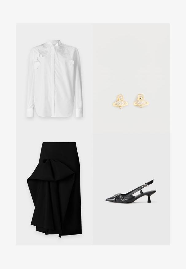 White long-sleeve shirt in cotton with a mandarin collar. Features layered ruffle accents on the shoulders and button closure at the front.; Black skirt made of smooth fabric, featuring an oversized draped design on one side, forming a high-low hemline.; Black leather slingback shoe with a pointed toe, decorative straps featuring metal eyelets, and a low block heel. Textured surface.; Gold-tone stud earrings featuring a Saturn design with a textured band and embedded circular crystals for added sparkle.