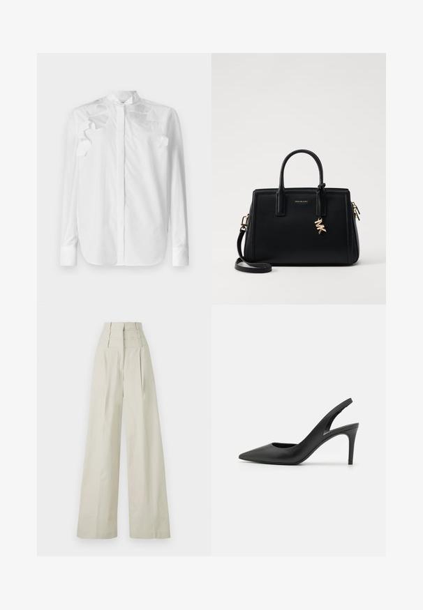 White long-sleeve shirt in cotton with a mandarin collar. Features layered ruffle accents on the shoulders and button closure at the front.; Beige wide-leg trousers made of smooth fabric, featuring a high waist with three horizontal bands, and front pleats.; Black leather slingback high heels with a pointed toe design, featuring a cutout at the front and a thin stiletto heel.; Black leather handbag with structured design, dual top handles, detachable shoulder strap, gold hardware, and a logo charm accent.