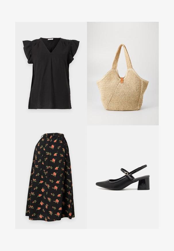 Črna majica s športnim izrezom in kratkimi, nagubanimi rokavi. Narejena iz lahkotnega materiala, ima sproščen kroj in rahel padec.; Črno cvetlično krilo z vrvico v pasu, ki ima rdeče in zelene cvetne vzorce ter lahkotno, tekočo teksturo.; Črne patentne usnjene salonarce s slingback obliko, s koničastim nosom, zaobljenim izrezom in blok peto. Imajo zlato kovinsko zaponko kot dodatno okrasje.; Velika slamnata torba z zrnato bež zunanjostjo in dvema širokima ročajema. Ima kožno poudarjeno naramnico za zapiranje.