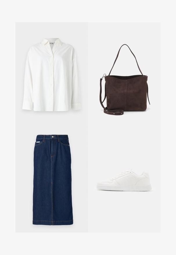 Chemise blanche à boutons, en coton. Elle présente un col, des manches longues et une coupe décontractée. Texture lisse sans motifs visibles.; Jupe en denim bleu foncé avec une coupe droite, elle présente des coutures orange, une taille avec passants de ceinture et des poches avant.; Baskets blanches en matériau synthétique lisse, avec un bout arrondi, un design à lacets, une semelle plate et des détails perforés discrets.; Sac fourre-tout en suède brun avec une texture douce, présentant une seule bandoulière et une ouverture supérieure légèrement courbée. Aucun détail de matériel visible.