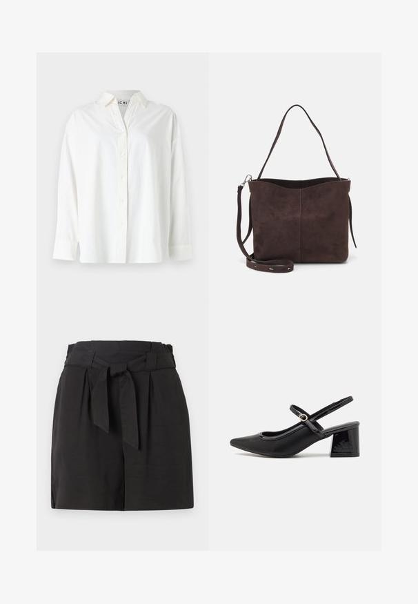 Balta pogām piegriezta krekls, izgatavots no kokvilnas. Iezīmēts ar apkakles izgriezumu, garām piedurknēm un brīvu piegriezumu. Gluda tekstūra bez redzamām rakstu izsistēm.; Melni šorti ar salocītu jostasvietu un pievilkšanas detaļu. Izgatavoti no gludas auduma ar pielāgotu griezumu un sānu iegriezumu komfortam.; Melns patentēts ādas sandales ar norādīta pirksta formu, noapaļotu izgriezuma dizainu un bloķētu papēdi. Iezīmēta ar zelta toņa sprādzi.; Brūns zamšādas roku soma ar mīkstu tekstūru, aprīkota ar vienu plecu siksnu un nelielu izliekta augšējā atvēruma dizainu. Nav redzamu metāla detaļu.