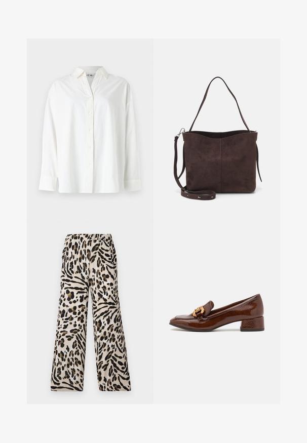 Bijela košulja dugih rukava od pamuka. Ima ovratnik, dugačke rukave i opušteni kroj. Glatka tekstura bez vidljivih uzoraka.; Hlače širokog kroja s uzorkom leoparda i opuštenim fitom, izrađene od mekog, laganog materijala u bež, crnim i smeškim tonovima. Elastična unutrašnjost struka.; Smeđe kožne mokasine s sjajnom završnom obradom, s ukrasnom zlatnom kopčom sprijeda i niskim blok petama. Klasičan dizajn.; Smeđa suđena torba s mekanom teksturom, s jednim remenom za rame i suptilno zakrivljenim gornjim otvorom. Nema vidljivih dijelova od hardvera.