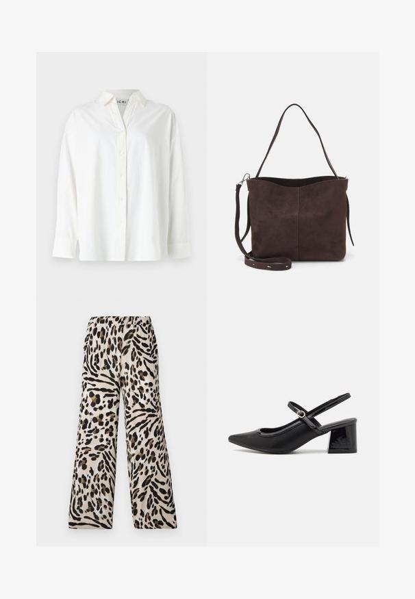 Bela srajca z gumbki, izdelana iz bombaža. Ima ovratni izrez, dolge rokave in sproščen kroj. Gladko teksturo brez vidnih vzorcev.; Hlače širokega kroja z leopardjim vzorcem in sproščenim fitom, izdelane iz mehke, lahke tkanine v bež, črni in rjavi barvi. Elastičen pas.; Črne patentne usnjene salonarce s slingback obliko, s koničastim nosom, zaobljenim izrezom in blok peto. Imajo zlato kovinsko zaponko kot dodatno okrasje.; Rjava gamoška torba z mehkobo teksturo, ki ima en samo ramenski trak in subtilno ukrivljen zgornji del. Brez vidnih kovinskih detajlov.