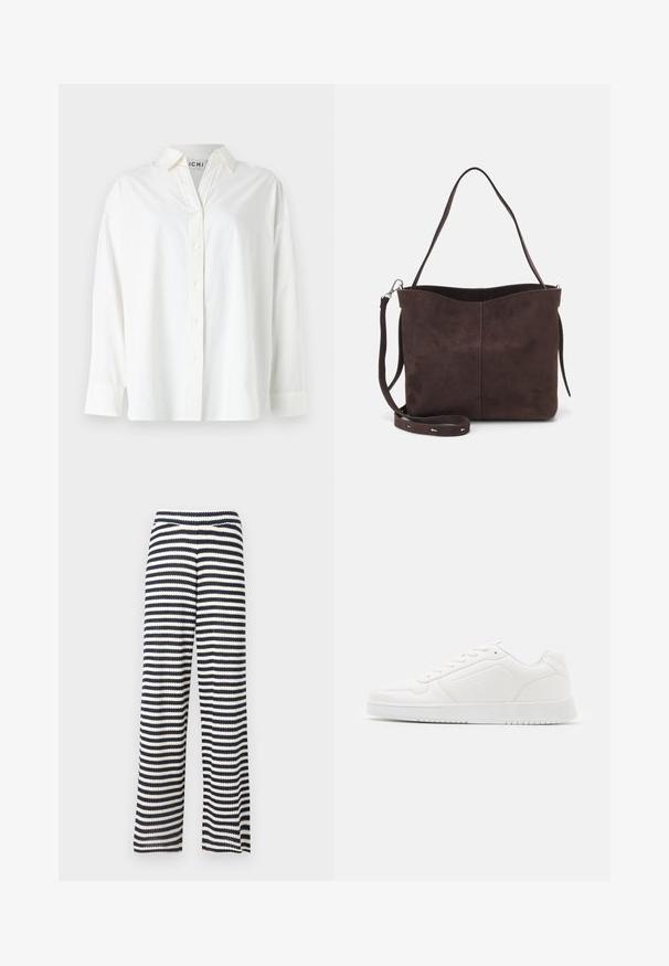 White button-up shirt made of cotton. Features a collared neckline, long sleeves, and a relaxed fit. Smooth texture with no visible patterns.; Wide-leg pants made of knitted fabric, featuring navy and cream horizontal stripes, textured surface, and an elastic waistband.; White sneaker made of smooth synthetic material, featuring a rounded toe, lace-up design, flat sole, and subtle perforated detailing.; Brown suede tote bag with a soft texture, featuring a single shoulder strap and a subtle curved top opening. No visible hardware details.