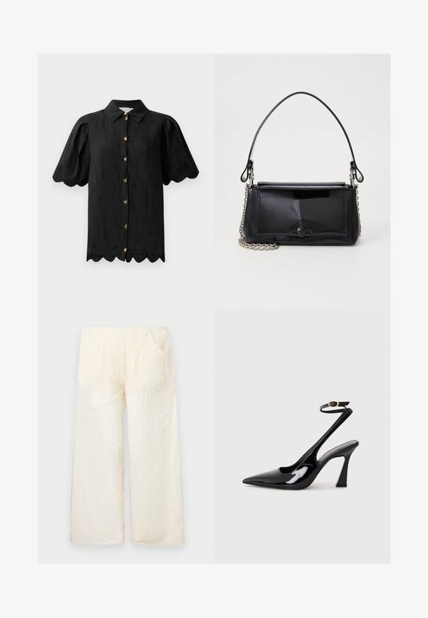 Hofmann Copenhagen MARABELLE - Bluza z gumbi - black; Lahki, kremno obarvani široki hlače s teksturiranim mrežastim vzorcem in dvema stranskima žepoma, ki imajo sproščen kroj in mehak material.; Črne patentne usnjene slingback visoke pete s koničastim nosom, nastavljivim gležnjastim trakom in zmerno blokasto peto. Gladka tekstura z bleščečim zaključkom.; Črna lakirana usnjena torbica pravokotne oblike, s verižnim trakom in značilnim kovinskim detajlom na sredini. Gladka textura.