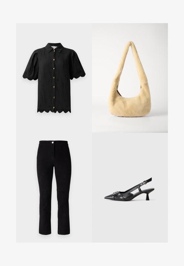 Hofmann Copenhagen MARABELLE - Užsagstoma palaidinė - black; Juodi aksominiai keliai su tiesios kojos siluetu, turintys priekinį mygtuko užsegimą ir minimalų siuvimo detalių kiekį. Minkšta tekstūra ir be raštų.; Juodas odinis slingback tipo batai su smailiu priekiniu atvartu, dekoratyvinėmis sagtimis su metaliniais akyčiais ir žemu blokiniu kulnu. Saldus paviršius.; Bežinė avikailio petinė tašė su išlenktu rankenu ir apvalia forma. Tekstūra yra minkšta ir pūkuota, su minimaliais detalių akcentais.