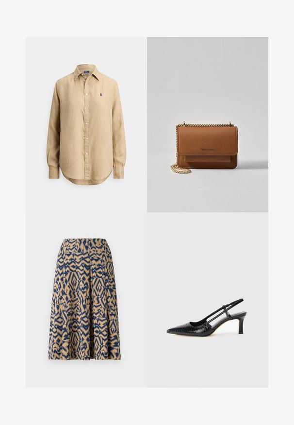 Camisa bege de manga comprida com botões, colarinho pontudo e pequeno logótipo bordado em azul-marinho no lado esquerdo do peito.; Uma saia até ao joelho com um padrão geométrico em azul-marinho e bege, com pregas e uma textura suave.; Salto slingback em patente preta com bico apontado, apresentando um padrão de pele de cobra texturizado, tira ajustável e um salto bloco curto e texturizado.; Bolsa crossbody de couro texturizado castanho com alça de corrente dourada e fecho com aba. A parte da frente apresenta detalhe do logótipo e um bolso sob a aba.