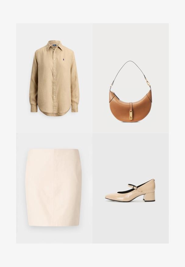 Chemise beige à manches longues avec boutons, col pointu et petit logo brodé bleu marine sur la poitrine gauche.; Jupe beige ajustée avec une texture lisse et des lignes épurées. Elle présente une taille mi-haute et une silhouette droite. Pas de fermetures ni d'ornements visibles.; Bottines Mary Jane en cuir verni beige avec un bout imitation, une sangle à boucle et un talon bloc de hauteur intermédiaire. Texture lisse avec une finition brillante.; Sac à main en cuir tan avec une forme incurvée, quincaillerie dorée et une fine bandoulière. Présente une fermeture éclair et un détail de logo à l'avant.