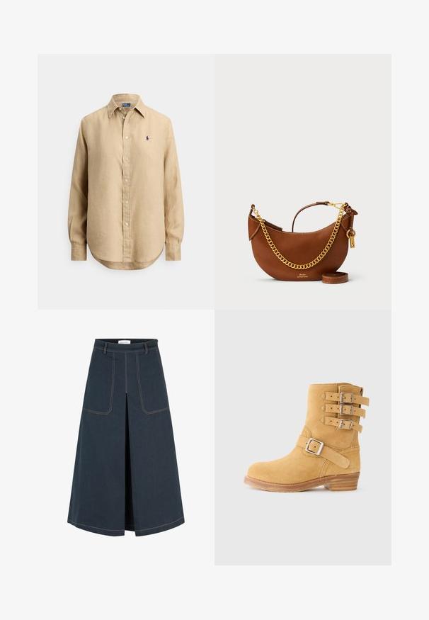 Bēšas krāsas garroku krekls ar pogām, ar smailu apkakli un mazu tumši zilu izšūtu logo uz kreisās krūtis.; Tumša džinsu svārki ar taisnu siluetu, divām priekšējām kabatām un priekšējo šķiršanu. Izceļas ar kontrastējošu oranžu šuvju apdari.; zamšādas potīšu zābaks dzeltenā krāsā ar trim sprādzēm sānos, apaļu purngalu un kārtojumu no koka; Brūns ādas rokassomu ar izliekta dizaina, zelta ķēdes siksnu, iekšējo kabatu un noņemamu plecu siksnu. Ievērojama kontrastējoša šuvuma detaļa.