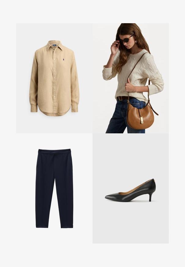 Beige overhemd met lange mouwen, knoopsluiting, puntige kraag en een klein marineblauw geborduurd logo op de linkerborst.; Marine broeken met een zachte textuur, voorzien van twee zijzakken, een elastische tailleband en een tapered leg ontwerp.; Zwarte leren pump met een puntige teen, lage hak en een gladde textuur. Heeft een lichte opening aan de voorkant en minimale hardware aan de achterkant.; Bruine leren schoudertas met een gebogen vorm en gouden hardware-details. Het model draagt een crèmekleurige kabelgebreide trui en blauwe jeans.