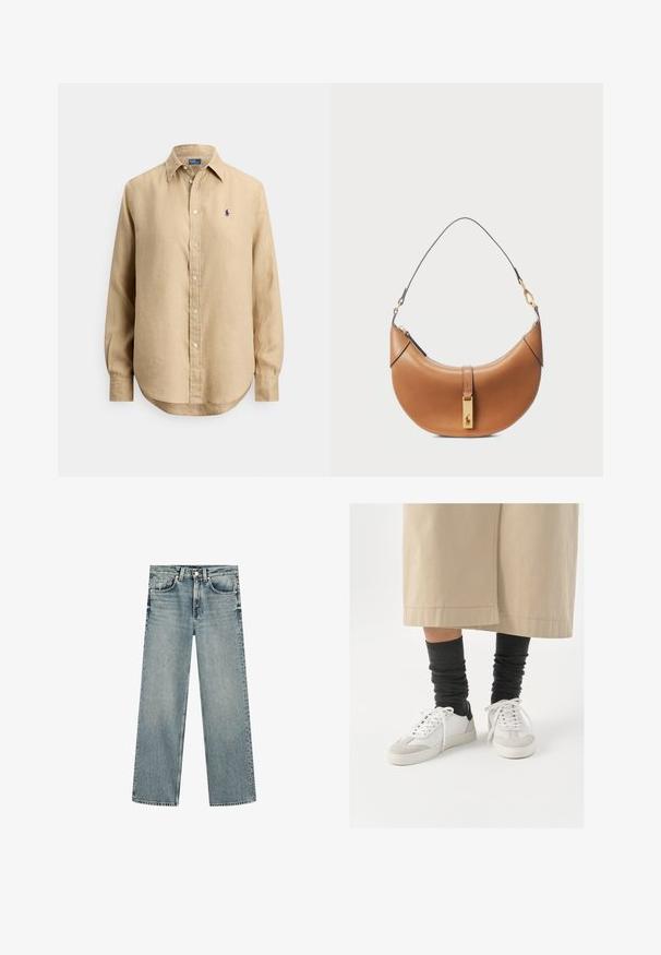 Camicia beige a maniche lunghe con bottoni, collo a punta e piccolo logo ricamato blu navy sul petto a sinistra.; Jeans dritti azzurri chiari in denim, con chiusura a bottone e zip, cinque tasche e orli grezzi.; Sneaker bianchi e grigi con un accento nero sul tallone, caratterizzati da una parte superiore in pelle liscia e una punta in suede testurizzato. Indossati con calzini scuri grigi a sbuffo.; Borsa a tracolla in pelle color nocciola con forma curva, hardware dorato e tracolla sottile. Presenta una chiusura con zip e dettagli con logo sulla parte anteriore.