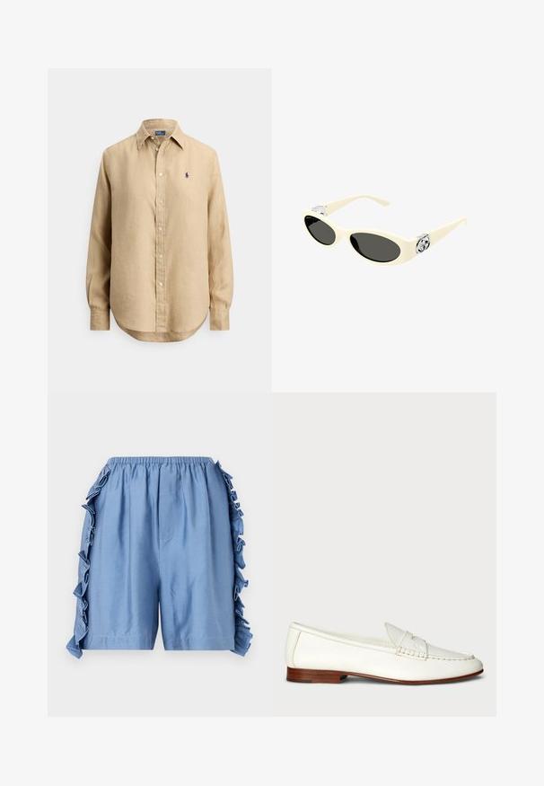 Beige long-sleeve button-up shirt with pointed collar and small navy blue embroidered logo on the left chest.; Light blue cotton shorts with an elastic waistband, featuring ruffle detailing along the side seams and a relaxed fit.; White leather loafers with a textured finish, rounded toe, and woven accent. Low wooden heel and minimalist design.; Cream-colored sunglasses with oval lenses, black tint, and metallic logo accents at the temples. Smooth texture, cat-eye design.