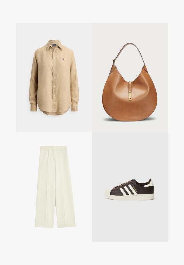 Beige langärmliges Hemd mit Knopfleiste, spitzem Kragen und kleinem marineblau besticktem Logo auf der linken Brust.; Weite Hose aus cremefarbener Stoff, mit glatter Textur, vorderen Falten und geradem Schnitt von der Taille bis zum Saum.; Low-Top Adidas Superstar Sneaker aus dunkelbraunem Leder mit cremefarbener Schale an der Spitze, weißen Streifen und dem Schriftzug "Superstar" an der Seite.; Taschenhandtasche aus braunem Leder mit geschwungener Form und breitem Schultergurt. Sie verfügt über einen goldenen Metallakzent in der Mitte und eine glatte Textur.