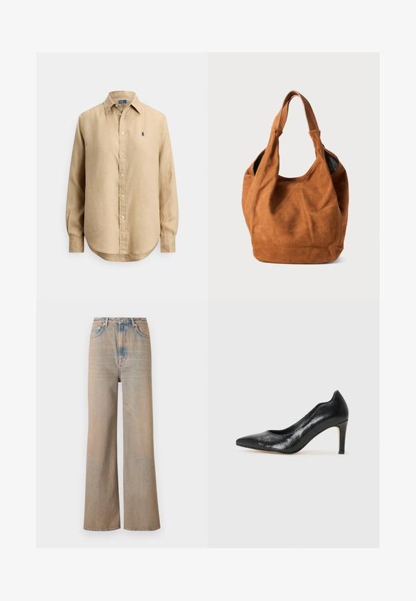 Beež pikkade varrukatega nööbitav särk terava krae ja väikese tumesinise tikitud logoga vasakul rinnal.; Heled pesu laiad püksid kõrge taljega, valmistatud denimist. Omavad peent õmblust ja viit taskut ning neil on veidi kulunud tekstuur.; Mustad musta kõrge kontsaga king, millel on terav nosmik, valmistatud tekstureeritud materjalist, millel on kerge roomaja naha muster. Tugev konts toetuseks.; Pruun nubukist õlakott pehme tekstuuri, kumeriku kuju ja kahe käepideme ning minimaalsete joontega. Funktsioneerib ilma nähtava riistvara või aksessuaarideta.