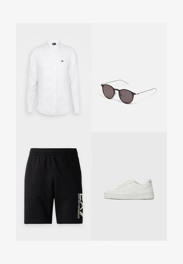 Hvit skjorte med lange ermer laget av lin, med krage som kan kneppes ned, frontknapper og en liten brodert logo på venstre bryst.; EA7 Emporio Armani TRAIN VISIBILITY - Shorts - black/cream; Hvite lærersneakers med en jevn overflate, rund tå, flate lisser og en teksturert såle. Har en subtil logo på hælen.; Sorte, runde solbriller med mørke linser og slanke metalarmer. Inkluderer klare temple tips og sølvfargede detaljer ved hengslet. Minimalistisk design.
