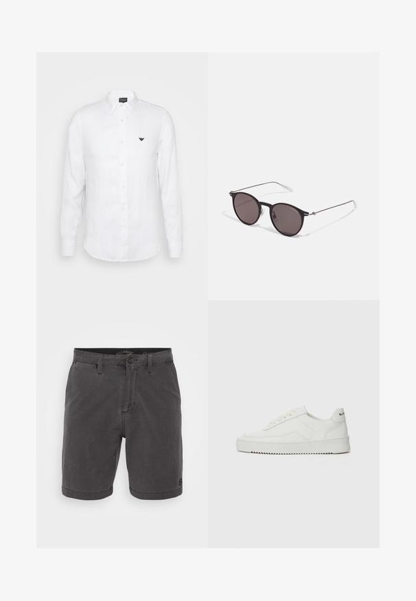 Camisa blanca de manga larga hecha de lino, con cuello abotonado, botones frontales y un pequeño logo bordado en el lado izquierdo del pecho.; Pantalones cortos de algodón gris con cierre de botón, cuatro bolsillos y una etiqueta tejida en el dobladillo, con un corte recto y una textura suave.; Zapatilla de cuero blanca con un acabado suave, puntera redonda, cordones planos y suela texturizada. Cuenta con un sutil logo en el talón.; Gafas de sol redondas negras con lentes oscuros y brazos metálicos delgados. Incluye puntas de varilla transparentes y acentos plateados en la bisagra. Diseño minimalista.