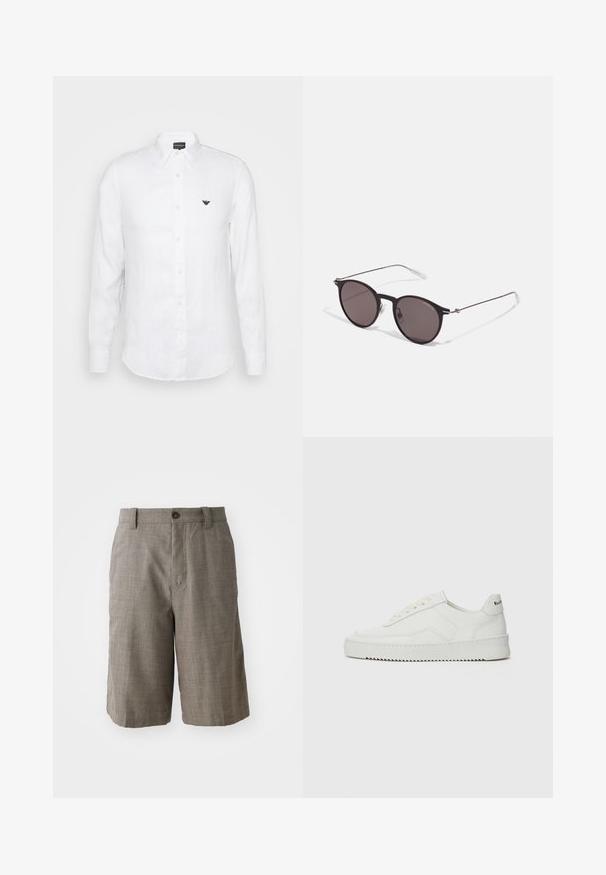 Hvit skjorte med lange ermer laget av lin, med krage som kan kneppes ned, frontknapper og en liten brodert logo på venstre bryst.; Grå rutete shorts med skreddersydd design, som har knappelukking foran og to sidelommer. Laget av teksturert stoff.; Hvite lærersneakers med en jevn overflate, rund tå, flate lisser og en teksturert såle. Har en subtil logo på hælen.; Sorte, runde solbriller med mørke linser og slanke metalarmer. Inkluderer klare temple tips og sølvfargede detaljer ved hengslet. Minimalistisk design.