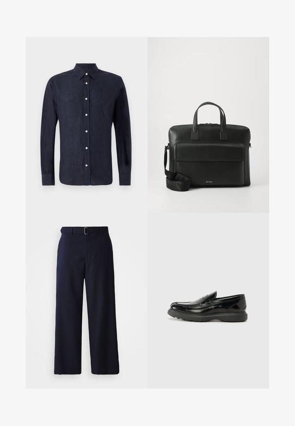 Námornícky modrá košeľa s dlhým rukávom vyrobená z ľanu s golierom na gombíky, obsahujúca predný gombíkový panel s okrúhlymi striebornými gombíkmi a jemne textúrovanou látkou.; Tmavomodré široké nohavice vyrobené z texturovanej tkaniny, s opaskom so striebornou sponou a priamym strihom, zdôraznené čistými líniami.; Čierne kožené mokasíny s lesklým povrchom, okrúhlou špicou, subtilnými švami a hrubou gumovou podrážkou pre zvýšenú odolnosť.; Čierna kožená aktovka s dvoma hornými rúčkami, predným vreckom a odnímateľným popruhom, s diskrétnym logom na spodnej časti.