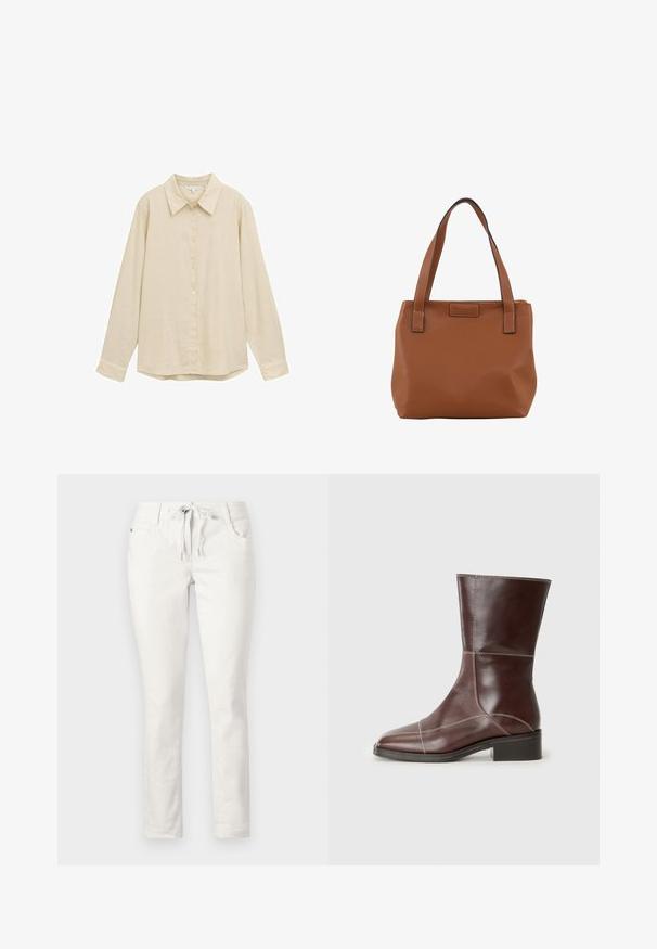 Vaaleanbeige pitkähihaisessa paidassa on napit edessä, klassinen kaulus, pehmeä rakenne ja hieman pyöristetty helma. Ei näkyviä kuvioita tai yksityiskohtia.; Valkoiset, kapeat housut, joissa on nyörikiinnitys vyötäröllä, etutaskut ja sileä pinta. Sopivat rentoon käyttöön tai epämuodollisiin tilaisuuksiin.; Ruskean nahkasaapas nilkkapituisella varrella, neliskulmaisella kärjellä ja matalalla korolla, jossa on erottuva ommel saumoissa. Taustalla on selkeä tausta.; Ruskea nahkainen olkalaukku kahdella tukevalla kahvalla, jossa on teksturoitu pinta ja erottuva musta ommel. Yksinkertainen suorakulmainen muoto.