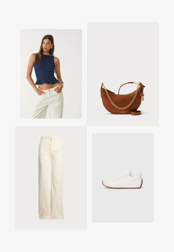 Top corto blu scuro arricciato con orlo a volant, caratterizzato da una linea aderente e senza maniche, abbinato a jeans bianchi a vita alta.; Polo Ralph Lauren COTTON CORDUROY WIDE-LEG PANT - Pantaloni - warm white; Sneaker bianco con tomaia in pelle liscia, suola in gomma testurizzata, punta rotonda e dettagli di cucitura subtili. Suola esterna in gomma marrone a contrasto.; Borsa a mano in pelle marrone con un design curvo, tracolla in catena dorata, tasca interna e tracolla rimovibile. Presenta cuciture a contrasto.