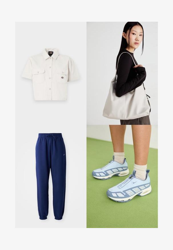 Kortermet, kort topp i hvit bomull med to brystlommer, knappestolpe foran og et logo-merke på venstre lomme.; Mørkeblå joggebukser laget av mykt stoff, med elastisk linning med snøring, elastiske mansjetter og en liten hvit logo.; Lyseblå treningssko med hvite detaljer, strukturerte paneler og glidelås. Har en synlig luftputesåle og gummisåle.; Beige håndveske laget av mykt materiale, med en slapp design, sydd detaljer og to skulderstropper. Passer for daglig bruk.