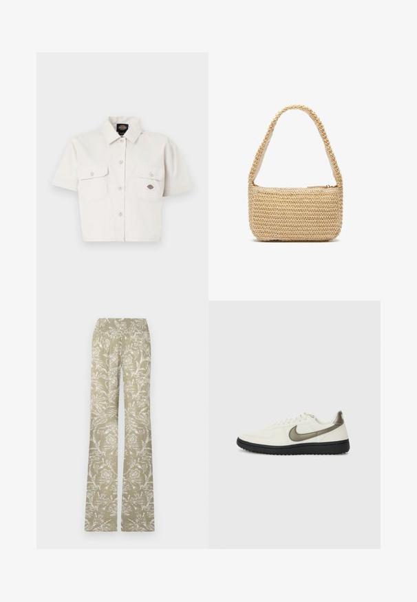 Korte mouwen, cropped wit shirt van katoen met twee borstzakken, knoopsluiting aan de voorkant en een logo patch op de linker zak.; Flared broeken van lichtgroene stof met een wit bloemmotief. Voorzien van een elastische tailleband en een gestructureerd oppervlak.; Nike Sportswear FIELD GENERAL - Sneakers laag - off-white/black; Geweven stro schoudertas in lichtbeige, met een zachte voering van stof, een ritsluiting en een afgeronde band voor gemakkelijk dragen.