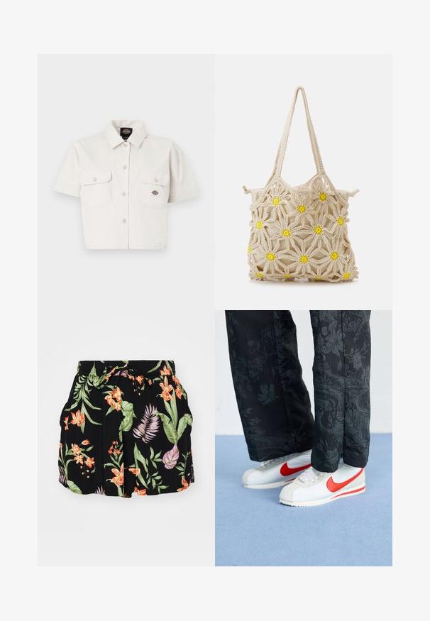 Korte piedurknēm, īss balts krekls, kas izgatavots no kokvilnas, ar divām krūšu kabatām, pogājamu priekšpusi un logo uzšuvumu kreisajā kabatā.; Melnas šortus ar krāsainu ziedu rakstu, kurā ir oranži un zaļi elementi, elastīga jostasvieta ar aukliņu un sānu kabatas.; Baltas Nike sporta apavi ar sarkanām akcentiem, savienoti ar melniem biksēm, kurām ir ziedu raksts. Virsma ir gluda ar plakanu pinumu zoli.; Adīta iepirkumu soma bēšā krāsā ar ziedu rakstu, papildināta ar dzeltenām akcentiem. Divas izturīgas rokturiem ērtai nēsāšanai, mīksta tekstūra un atvērta uzbūve.