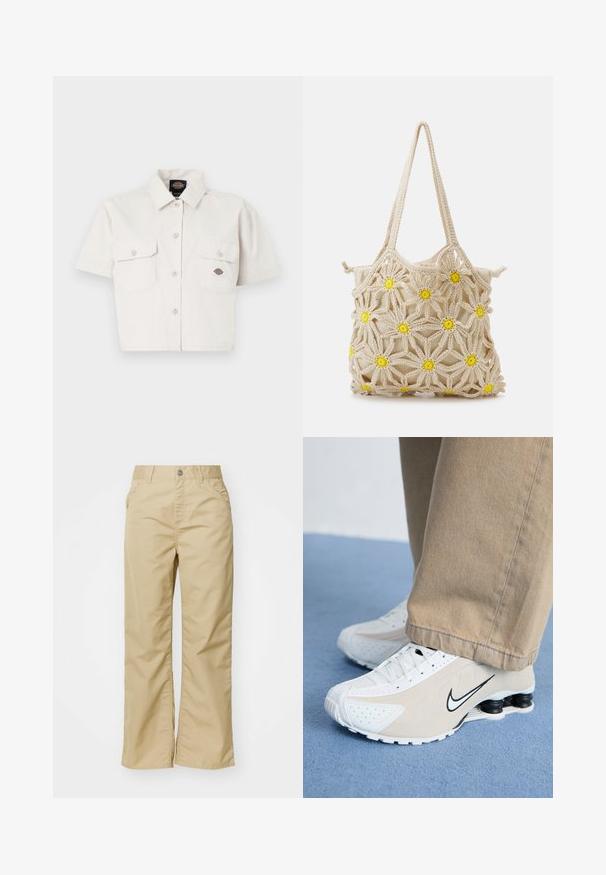 Short-sleeve, cropped white shirt made of cotton with two chest pockets, button-down front, and a logo patch on the left pocket.; Beige cotton wide-leg trousers with a smooth texture, featuring front pockets and a silver button at the waistband.; White and beige Nike sneakers with perforated design, black swoosh logo, textured upper, and distinctive springy black heel.; Crocheted tote bag in beige with a floral pattern, featuring yellow accents. Two sturdy handles for carrying, soft texture, and open design.