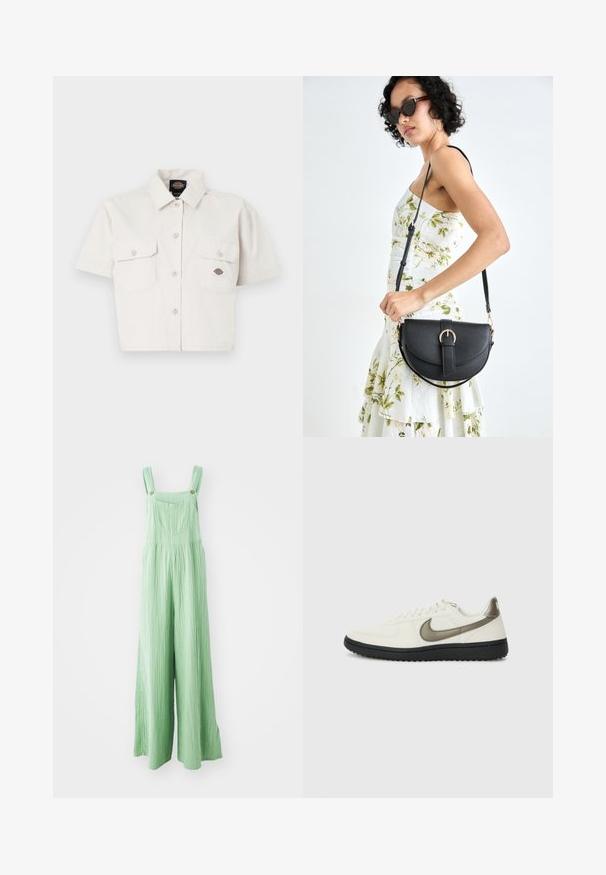 Short-sleeve, cropped white shirt made of cotton with two chest pockets, button-down front, and a logo patch on the left pocket.; Green wide-leg overalls made from textured fabric, featuring adjustable straps and front pockets with brass-colored buttons.; Nike Sportswear FIELD GENERAL - Trainers - off-white/black; Black leather handbag with a curved shape, detachable strap, and gold hardware. The bag features a flap with a buckle detail.