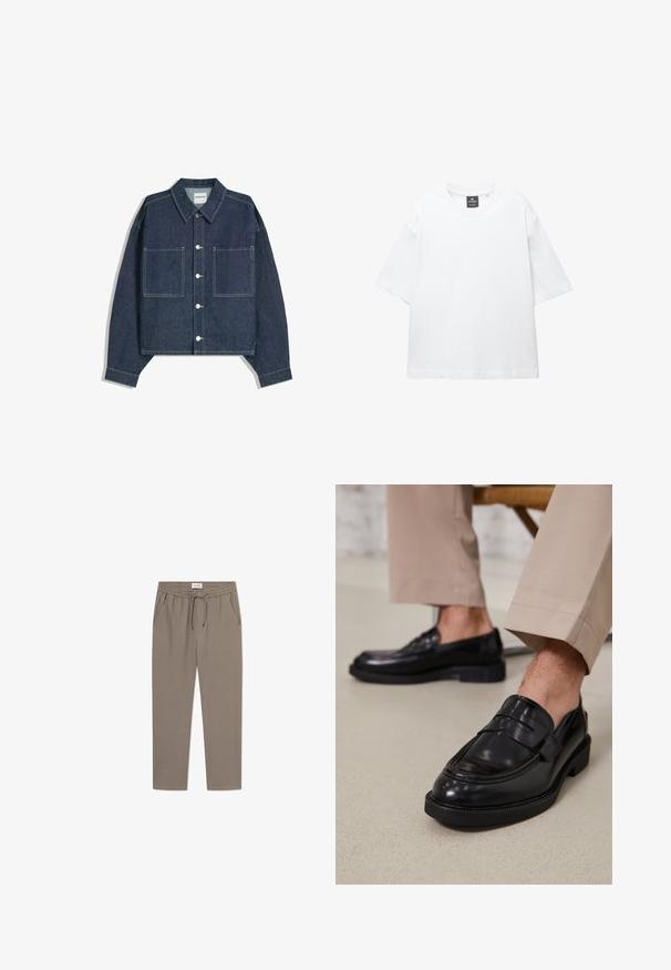 Veste en denim bleu foncé, courte, avec un col pointu, deux poches avant et une fermeture à boutons argentés. Présente des détails de couture visibles.; T-shirt blanc à manches courtes en coton, avec un col rond et une coupe décontractée àOurlet droit. Sans motifs ni embellissements.; Pantalon de jogging gris avec une taille élastiquée, un cordon de serrage et des poches latérales. Le tissu semble lisse avec une coupe décontractée et des jambes fuselées.; Mocassins en cuir noir avec une finition lisse, ornés d'une sangle décorative et de coutures contrastées, associés à un pantalon beige.